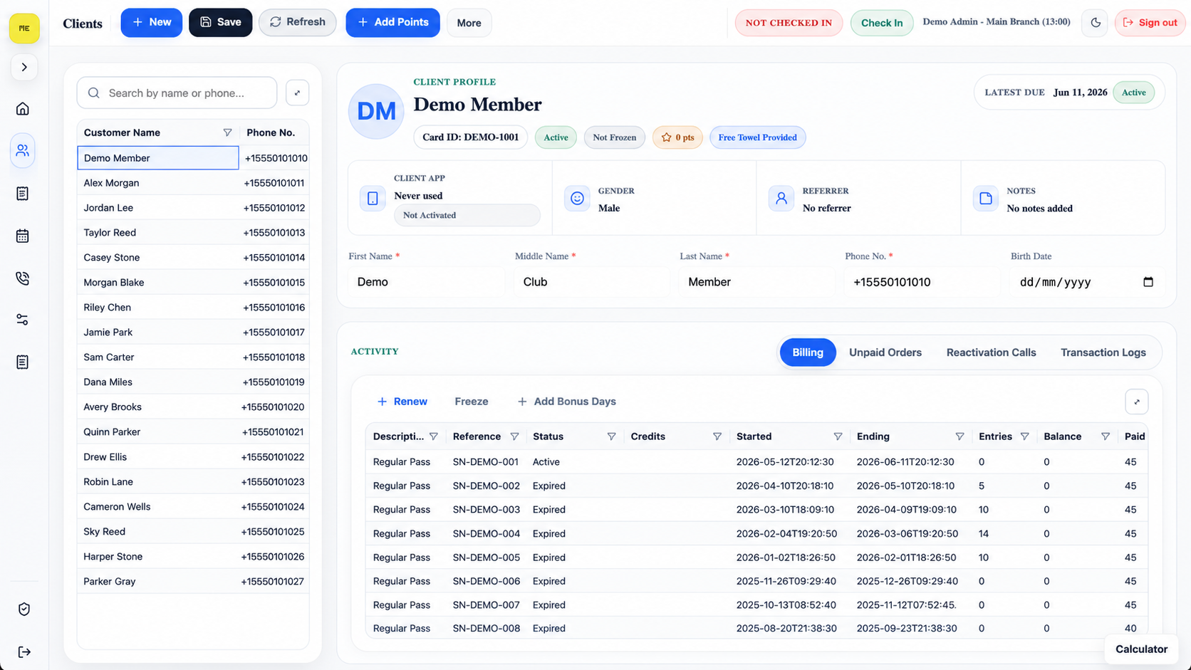 ClubCore front desk client profile screenshot