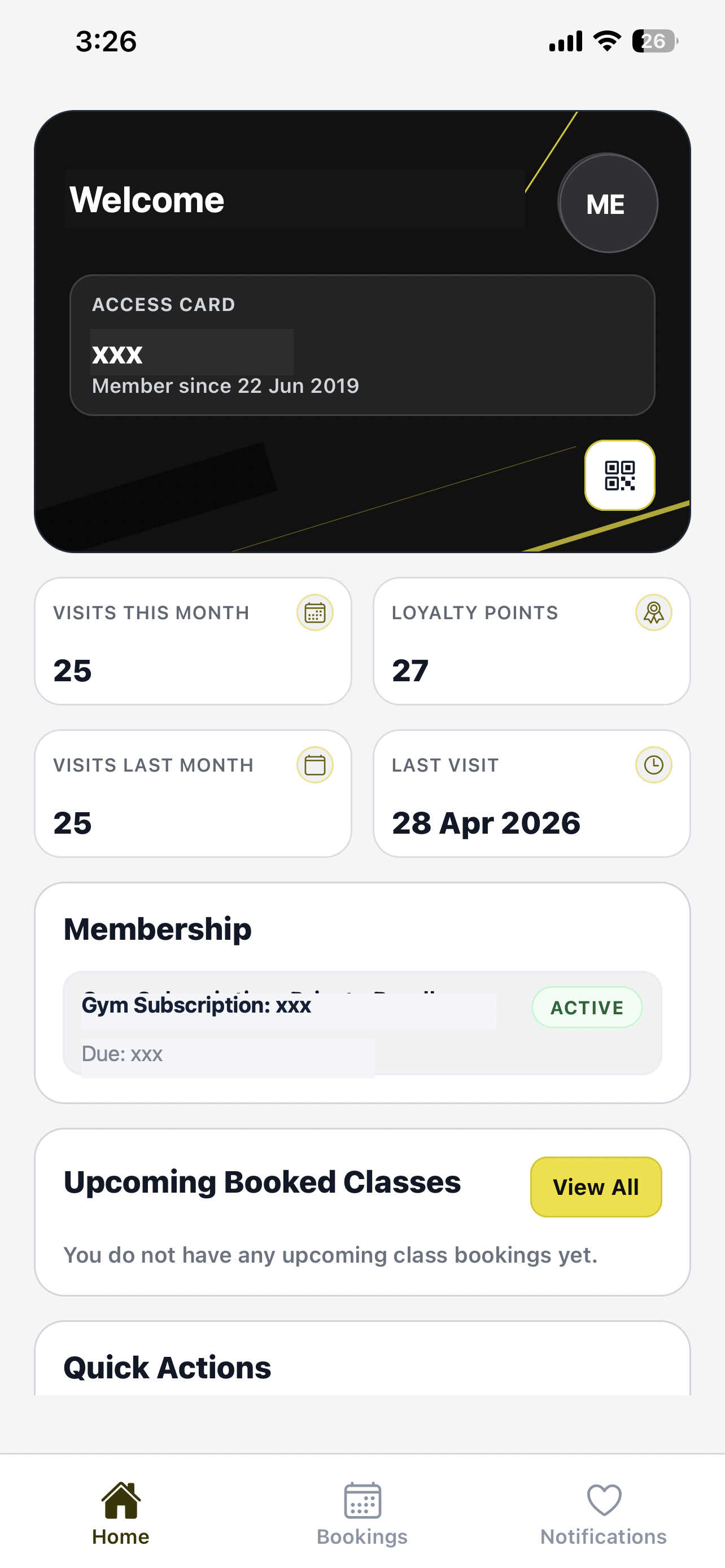 Branded member home showing access, visits, points, membership, and bookings