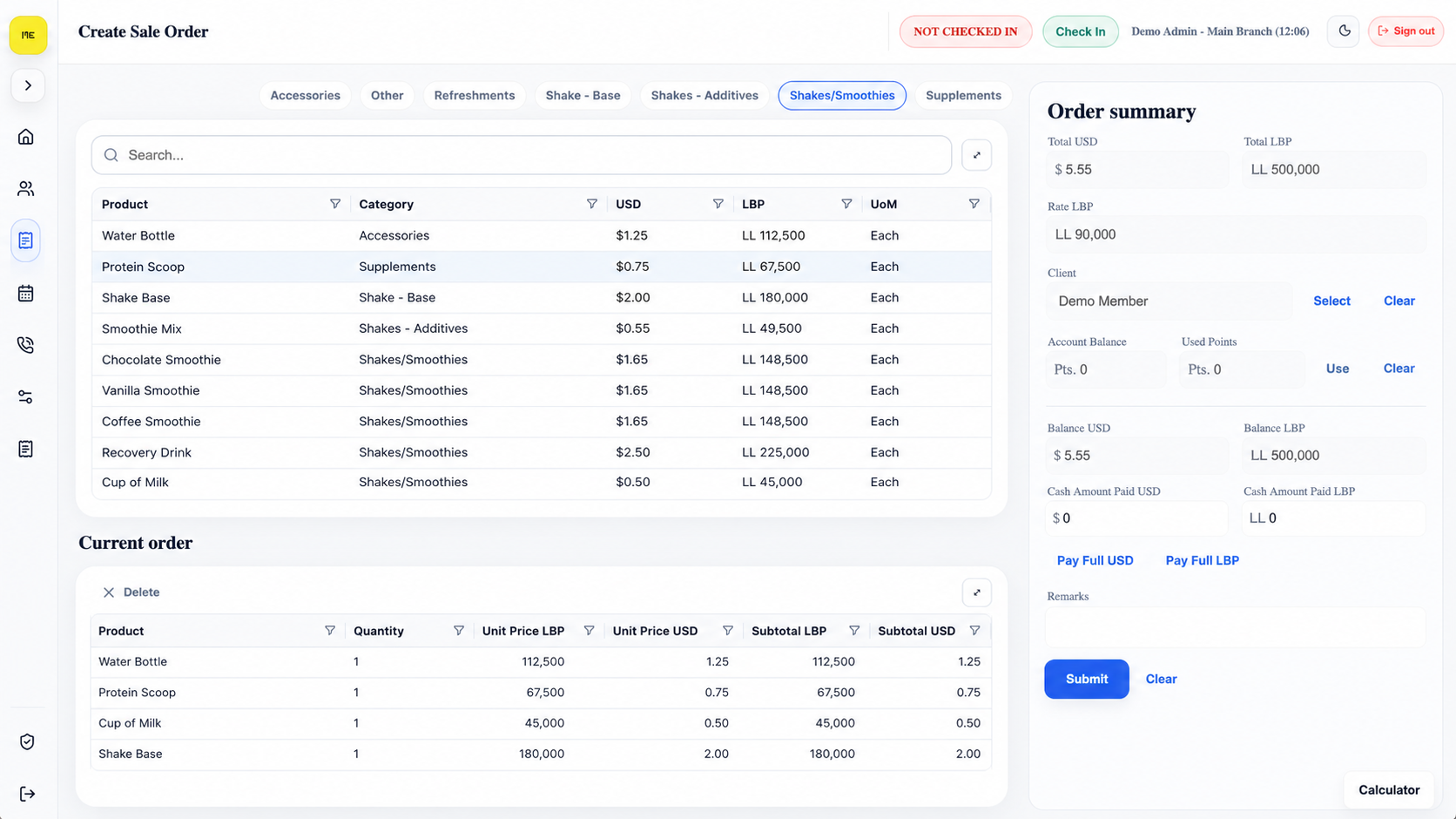 ClubCore sale order and POS screenshot