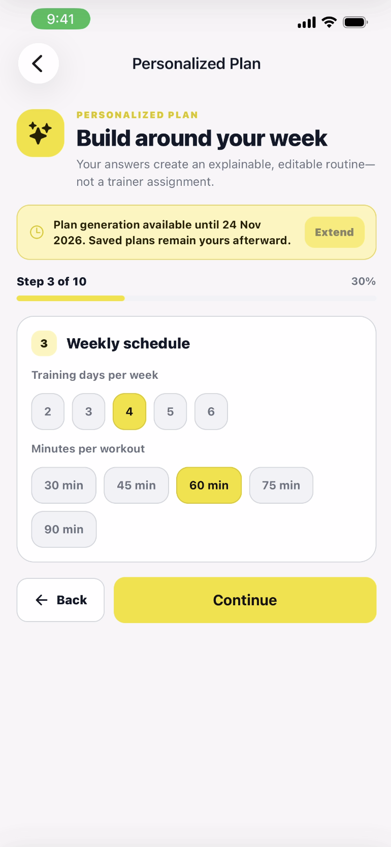 Personalized workout-plan questionnaire showing weekly schedule options