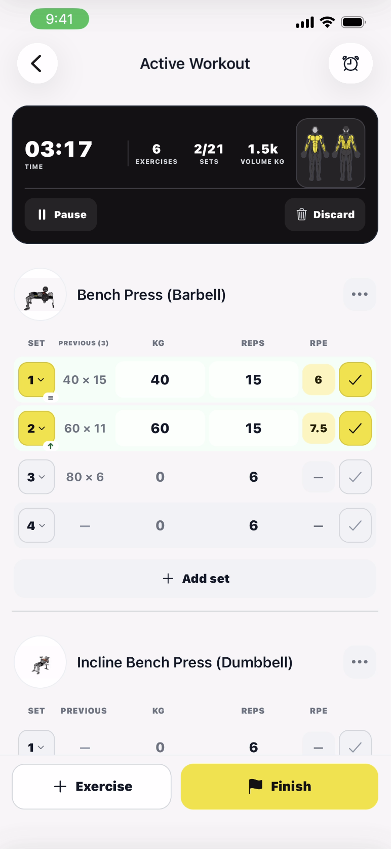 Active ClubCore workout showing elapsed time, exercise progress, and set logging